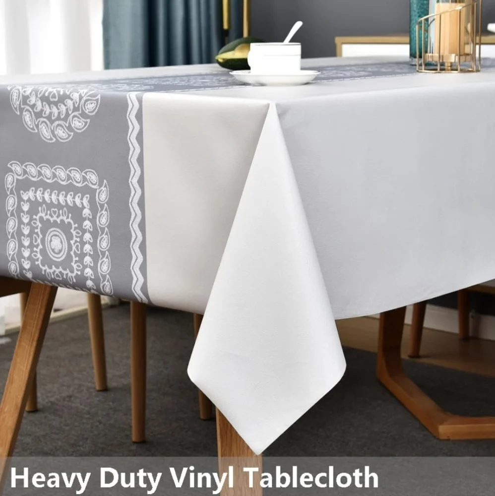 New TruDelve Premium  Rectangle Soft Gray/White Vinyl Waterproof Tablecloth
